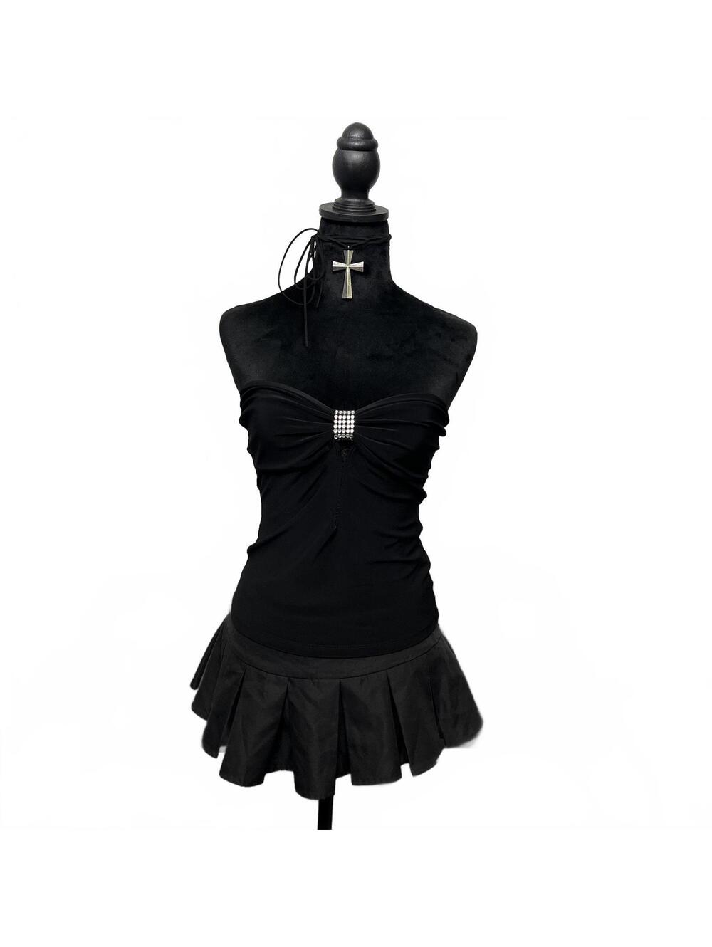 Vintage Sirens Black Babydoll Tube Top Silver Rhinestones Detail Sz L 2000s Y2K